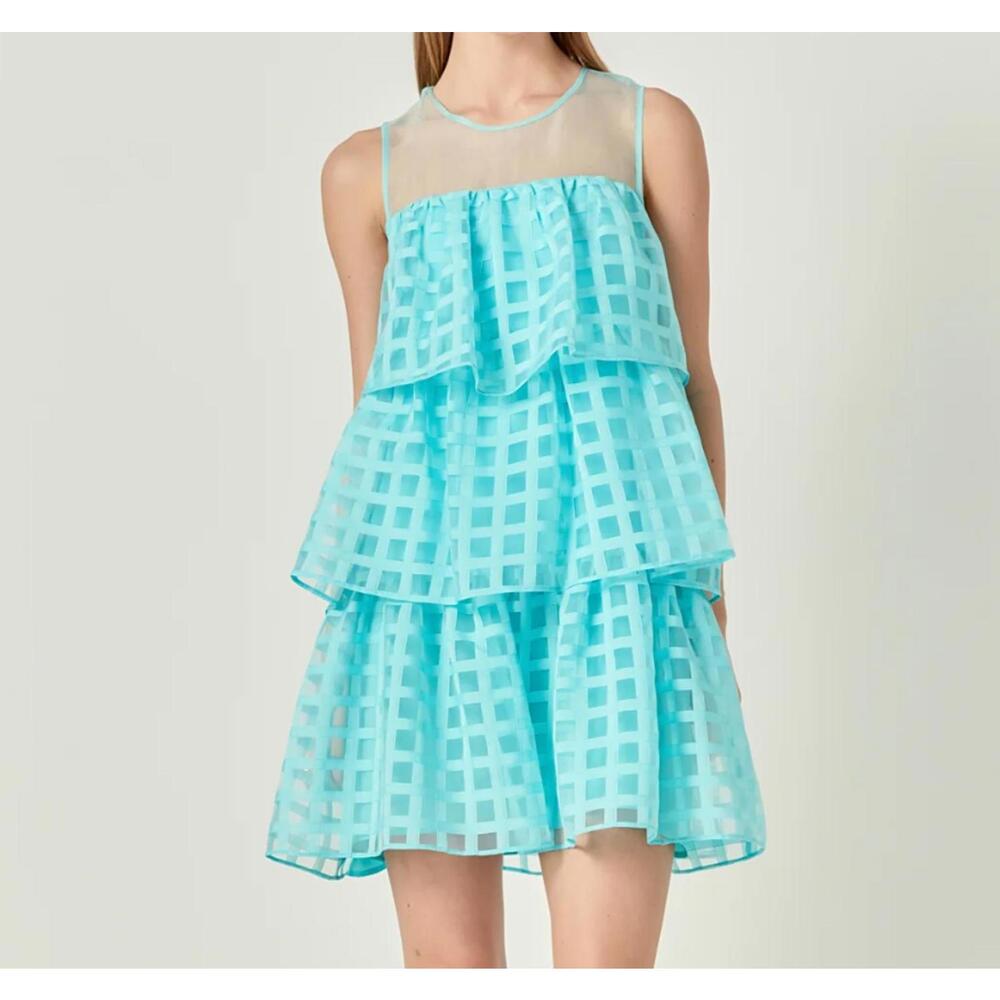 ENGLISH FACTORY aqua blue organza gridded ruffle tiered mini dress sz S
